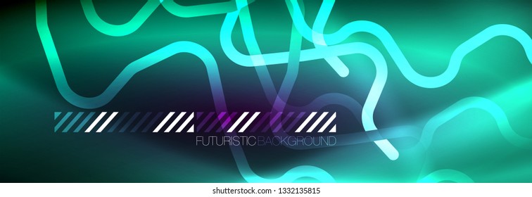 Glowing neon abstract lines, techno futuristic template, vector illustration