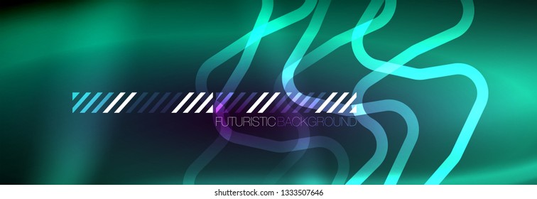 Glowing neon abstract lines, techno futuristic template, vector illustration