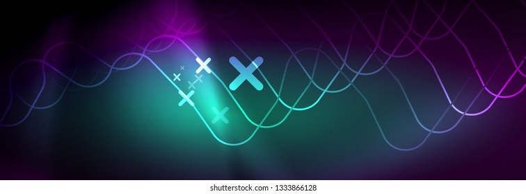Glowing neon abstract lines, techno futuristic template, vector illustration