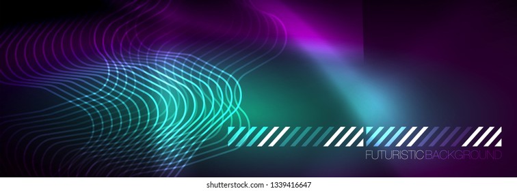 Glowing neon abstract lines, techno futuristic template, vector illustration
