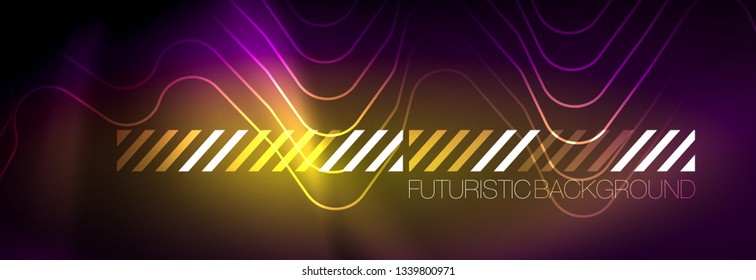 Glowing neon abstract lines, techno futuristic template, vector illustration