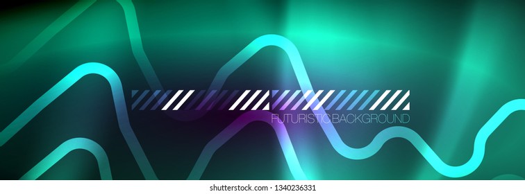 Glowing neon abstract lines, techno futuristic template, vector illustration
