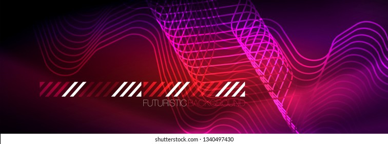 Glowing neon abstract lines, techno futuristic template, vector illustration