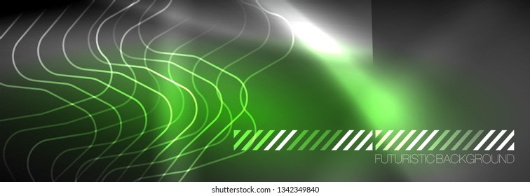 Glowing neon abstract lines, techno futuristic template, vector illustration