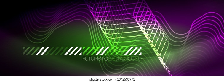 Glowing neon abstract lines, techno futuristic template, vector illustration