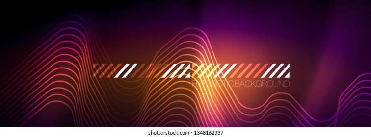 Glowing neon abstract lines, techno futuristic template, vector illustration