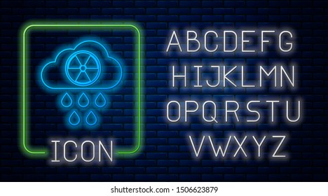 Glowing neon Acid rain and radioactive cloud icon isolated on brick wall background. Effects of toxic air pollution on the environment. Neon light alphabet. Vector Illustration