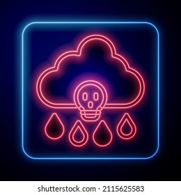 Glowing neon Acid rain and radioactive cloud icon isolated on black background. Effects of toxic air pollution on the environment.  Vector