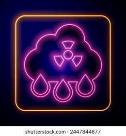 Glowing neon Acid rain and radioactive cloud icon isolated on black background. Effects of toxic air pollution on the environment.  Vector