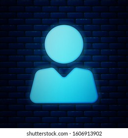 Glowing neon Add to friend icon isolated on brick wall background.  Vector Illustration