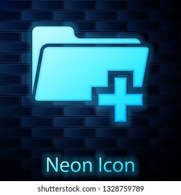 Glowing neon Add new folder icon isolated on brick wall background. New folder file sign. Copy document icon. Add attach create folder make new plus icon. Vector Illustration