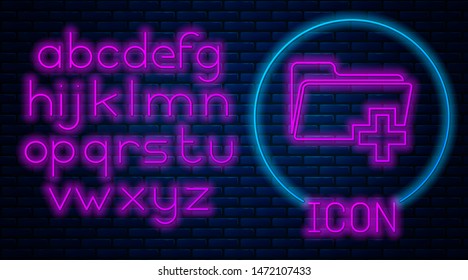 Glowing neon Add new folder icon isolated on brick wall background. New folder file sign. Copy document icon. Add attach create folder make new plus icon. Neon light alphabet. Vector Illustration