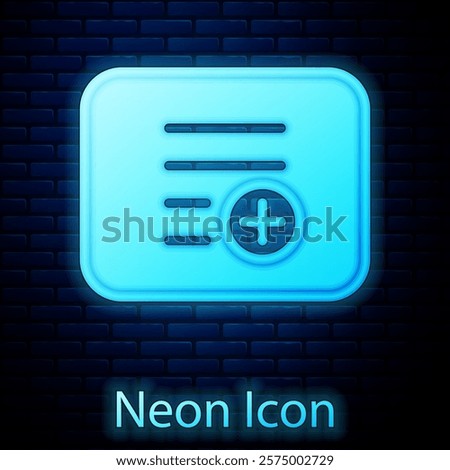 Glowing neon Add to playlist icon isolated on brick wall background.  Vector