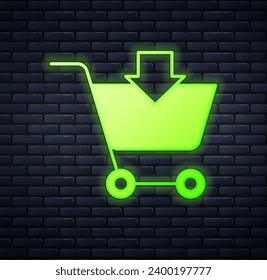 Glowing neon Add to Shopping cart icon isolated on brick wall background. Online buying concept. Delivery service sign. Supermarket basket symbol.  Vector