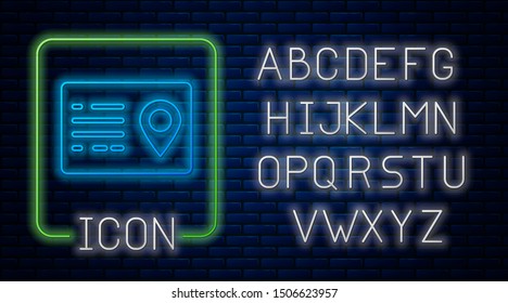 Glowing neon Address book icon isolated on brick wall background. Telephone directory. Neon light alphabet. Vector Illustration