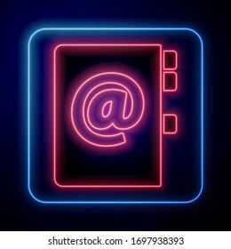 Glowing neon Address book icon isolated on blue background. Notebook, address, contact, directory, phone, telephone book icon.  Vector Illustration