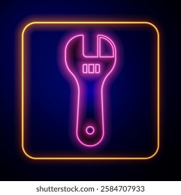 Glowing neon Adjustable wrench icon isolated on black background.  Vector