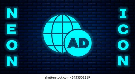 Glowing neon Advertising icon isolated on brick wall background. Concept of marketing and promotion process. Responsive ads. Social media advertising.  Vector