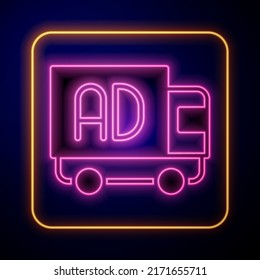 Glowing neon Advertising on truck icon isolated on black background. Concept of marketing and promotion process. Responsive ads. Social media advertising.  Vector