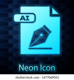 Glowing neon AI file document. Download ai button icon isolated on brick wall background. AI file symbol.  Vector Illustration