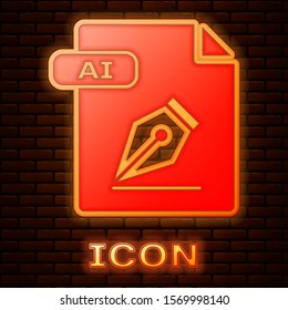 Glowing neon AI file document. Download ai button icon isolated on brick wall background. AI file symbol.  Vector Illustration