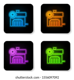 Glowing neon Air compressor icon isolated on white background. Black square button. Vector Illustration