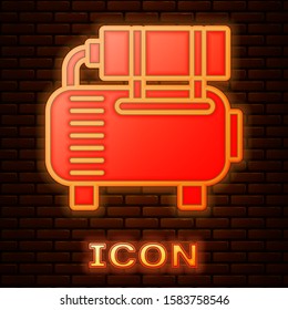 Glowing neon Air compressor icon isolated on brick wall background.  Vector Illustration