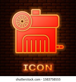 Glowing neon Air compressor icon isolated on brick wall background.  Vector Illustration