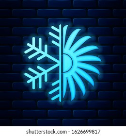 Glowing neon Air conditioner icon isolated on brick wall background.  Vector Illustration