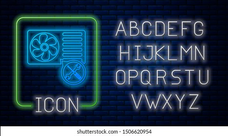 Glowing neon Air conditioner with screwdriver and wrench icon isolated on brick wall background.  Neon light alphabet. Vector Illustration