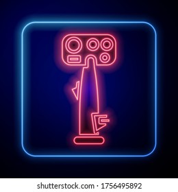 Glowing neon Aircraft steering helm icon isolated on blue background. Aircraft control wheel.  Vector Illustration