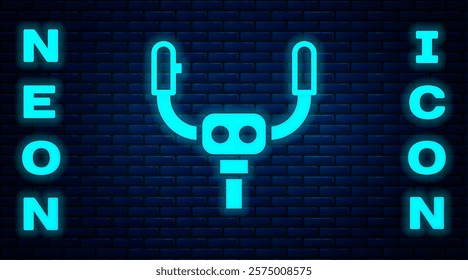 Glowing neon Aircraft steering helm icon isolated on brick wall background. Aircraft control wheel.  Vector