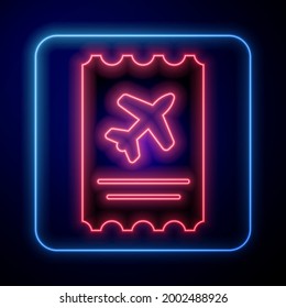Glowing neon Airline ticket icon isolated on blue background. Plane ticket.  Vector Illustration