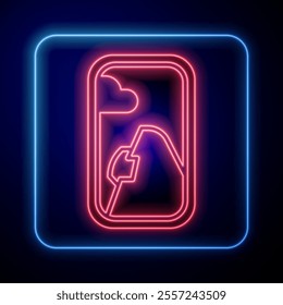 Glowing neon Airplane window icon isolated on blue background. Aircraft porthole.  Vector Illustration