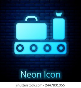 Glowing neon Airport conveyor belt with passenger luggage, suitcase, bag, baggage icon isolated on brick wall background.  Vector