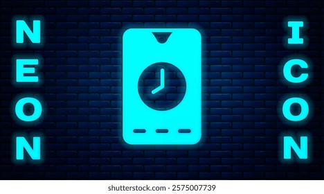 Glowing neon Alarm clock app smartphone interface icon isolated on brick wall background.  Vector