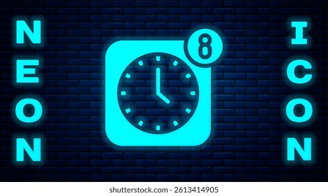 Glowing neon Alarm clock app smartphone interface icon isolated on brick wall background.  Vector