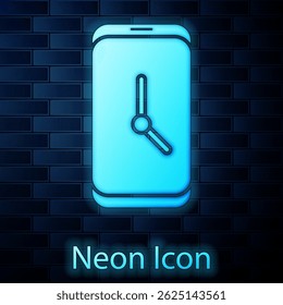 Glowing neon Alarm clock app smartphone interface icon isolated on brick wall background.  Vector