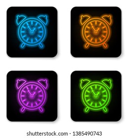 Glowing neon Alarm clock icon isolated on white background. Wake up, get up concept. Time sign. Black square button. Vector Illustration