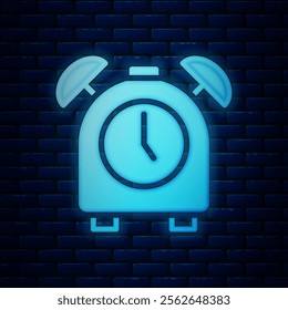 Glowing neon Alarm clock icon isolated on brick wall background. Wake up, get up concept. Time sign.  Vector