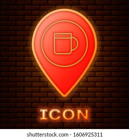Glowing neon Alcohol or beer bar location icon isolated on brick wall background. Symbol of drinking, pub, club, bar.  Vector Illustration
