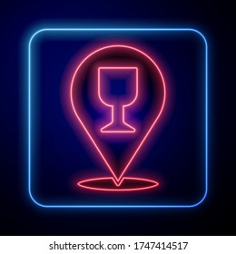 Glowing neon Alcohol or beer bar location icon isolated on blue background. Symbol of drinking, pub, club, bar.  Vector Illustration