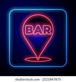 Glowing neon Alcohol or beer bar location icon isolated on blue background. Symbol of drinking, pub, club, bar.  Vector