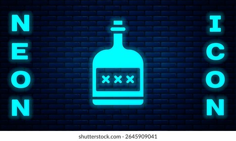 Glowing neon Alcohol drink Rum bottle icon isolated on brick wall background.  Vector Illustration