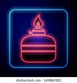 Glowing neon Alcohol or spirit burner icon isolated on blue background. Chemical equipment.  Vector Illustration