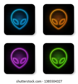 Glowing neon Alien icon isolated on white background. Extraterrestrial alien face or head symbol. Black square button. Vector Illustration