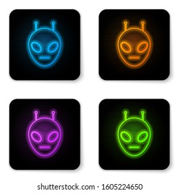 Glowing neon Alien icon isolated on white background. Extraterrestrial alien face or head symbol. Black square button. Vector Illustration
