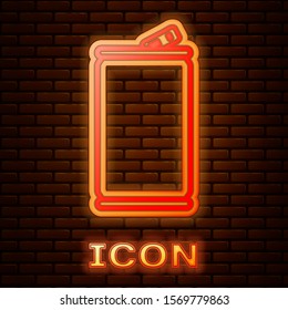 Glowing neon Aluminum can icon isolated on brick wall background.  Vector Illustration