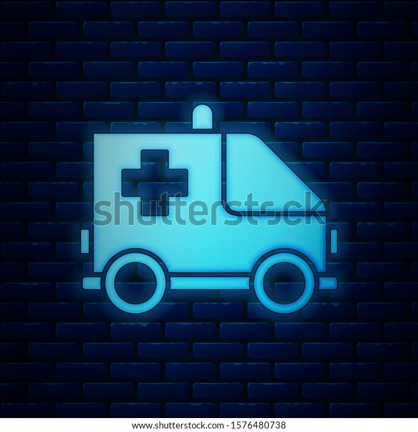 Glowing neon Ambulance and emergency car\
icon isolated on brick wall background. Ambulance vehicle medical\
evacuation.  Vector\
Illustration