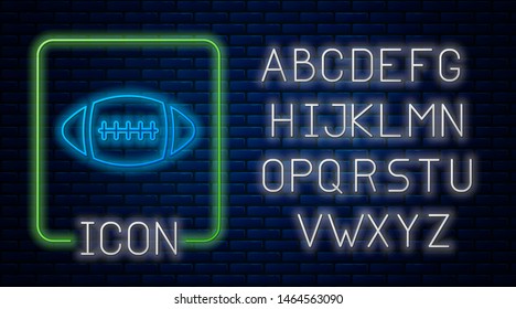 Glowing neon American Football ball icon isolated on brick wall background. Neon light alphabet. Vector Illustration